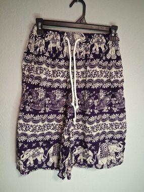 Boho Elephant Print Shorts Purple White Elastic Waist Flowy Hippie Summer Size M